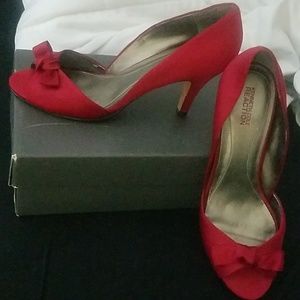 Red Satin Peep Toe Pumps
